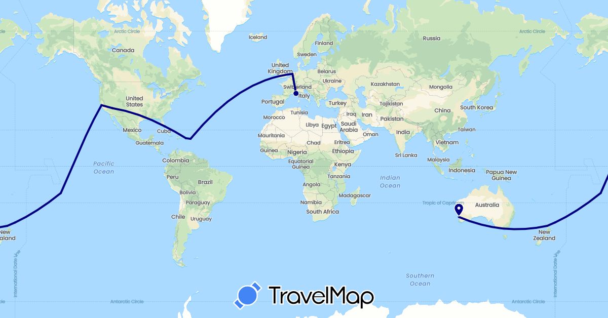 TravelMap itinerary: driving in Australia, France, Netherlands, New Zealand, United States (Europe, North America, Oceania)
